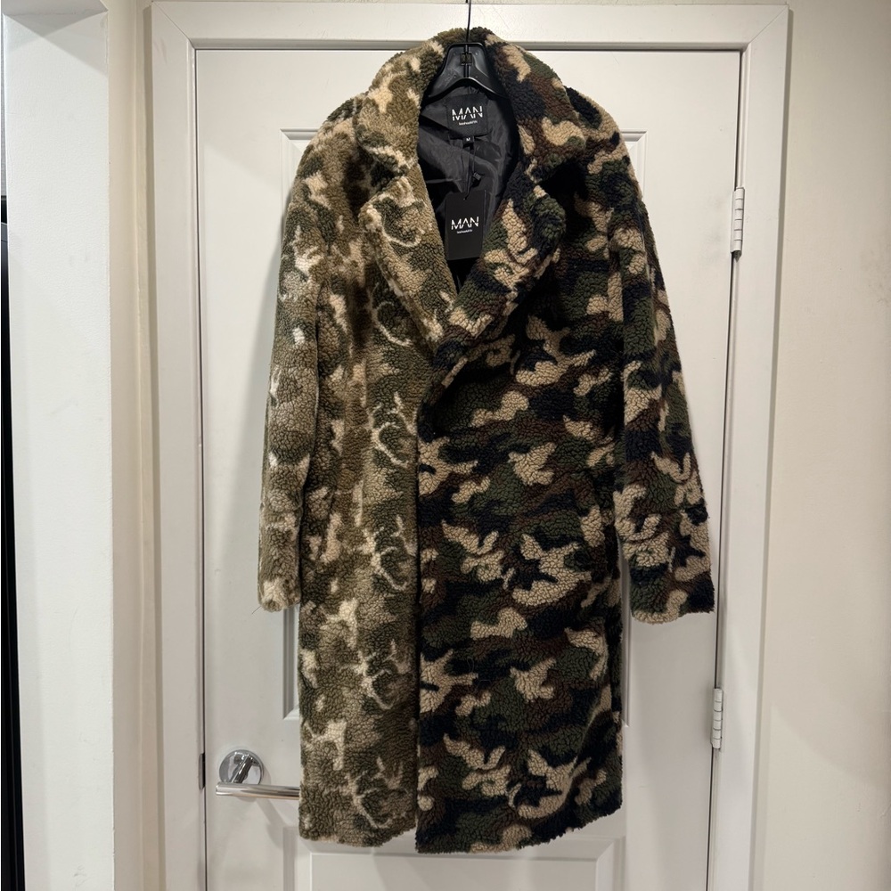 BoohooMan Men's Green Camouflage Shearling Coat
